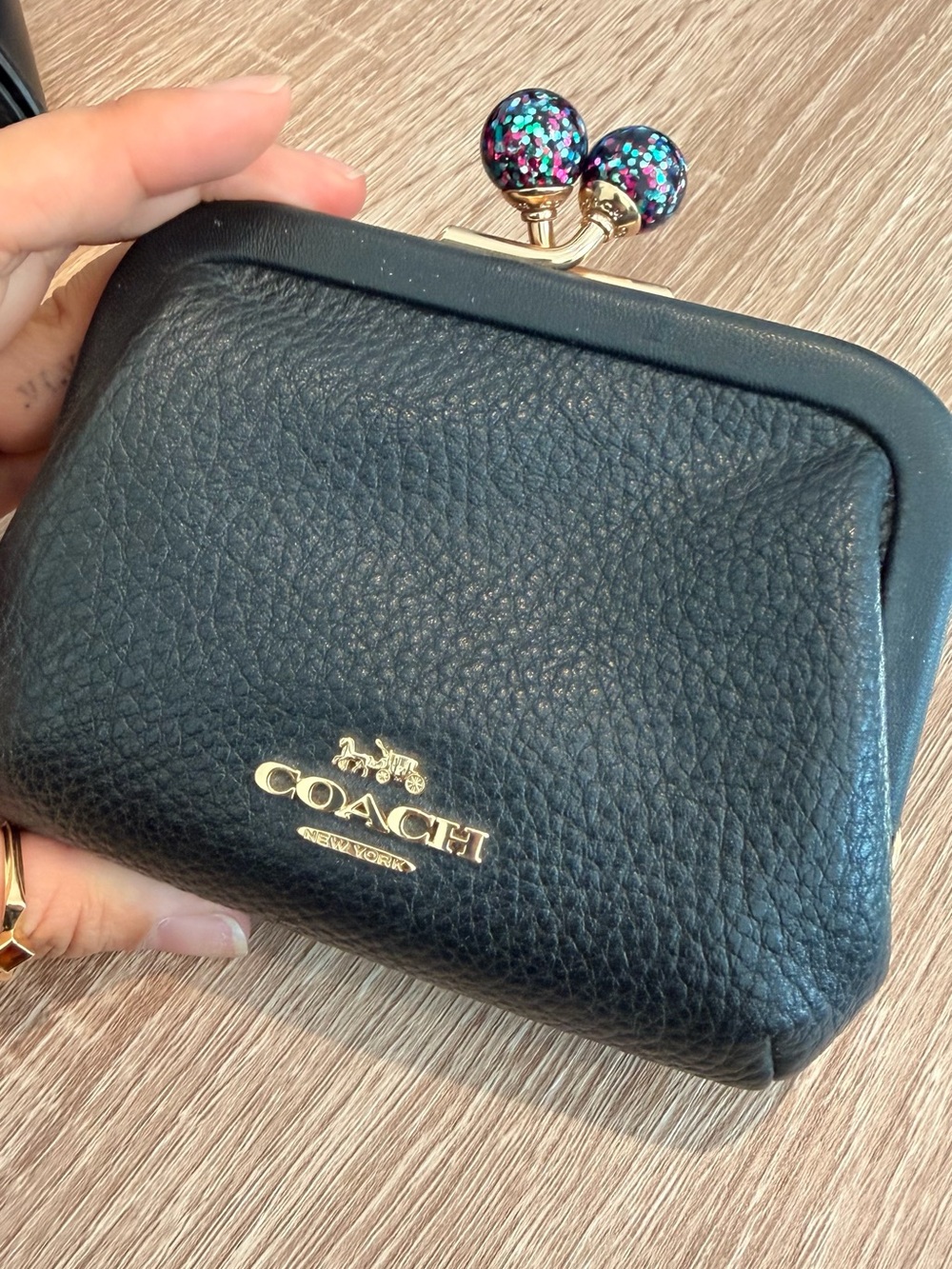 Coach Black Pebbled Leather Kiss-Lock Coin Purse with Glitter Accents